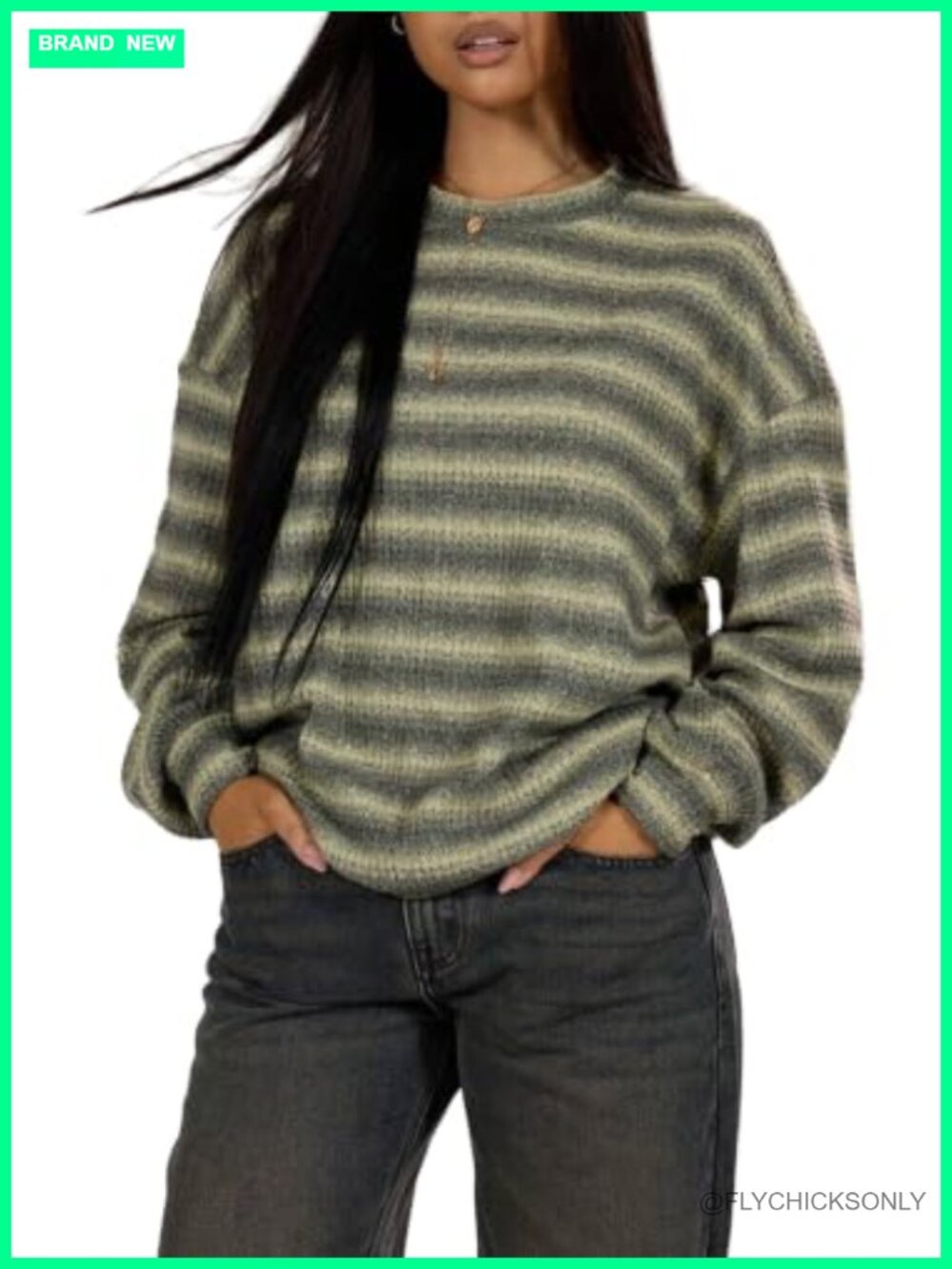 Waffle Knit Striped Pullover Sweater Loose Oversized Long Sleeve Top